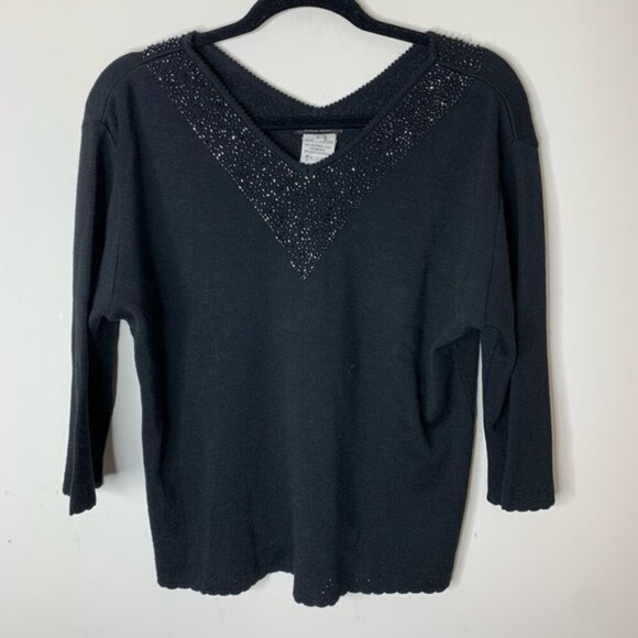 Women’s Sweater Vintage 90s Dolce Bella Wool Sequin Embroidery Black Scalloped - Picture 3 of 11